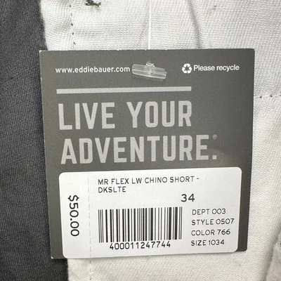 Pantalones Cortos Chinos Eddie Bauer Para Hombres Mr Flex Lw 34 Gris Caquis Calce Ajustado Frente Plano NUEVO Foto 1 de 4