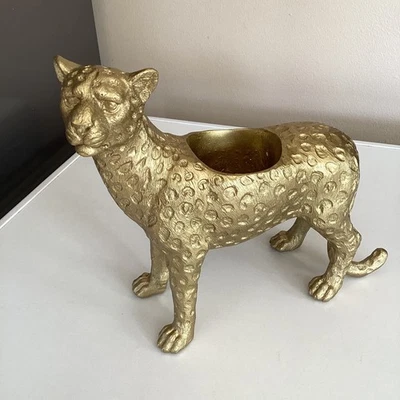 Leopard Cheetah Cat plant pot holder / Votive Candle Holder Gold Resin - Image 1 of 4