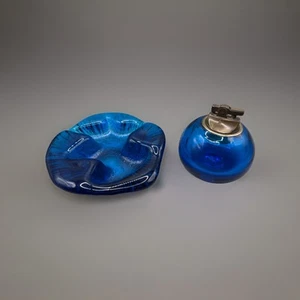 Blenko Glas #6320 Feuerzeug und #693 Aschenbecher in Türkis Blau Smoking Set - Bild 1 von 8