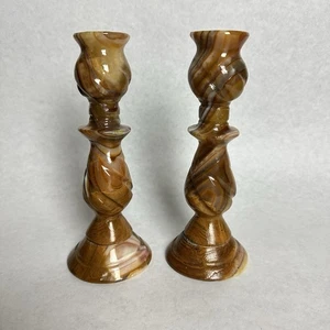 Set of 2 Vtg Marble Onyx Candlestick Holder White Brown Orange Tones Swirl 8" - Picture 1 of 7