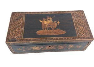 Vintage Wooden Marquetry Storage Box With Intricate Scene & Floral Design Dog - Picture 1 of 13