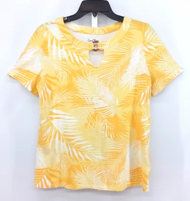 Coral Bay Shirt Womens Medium Yellow Tropical Floral Short Sleeve Keyhole Neck - Image 1 of 4
