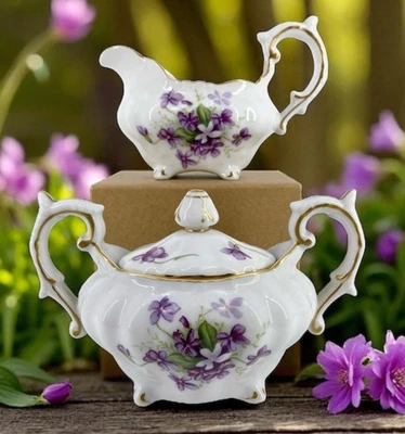Rossetti Spring Violets Creamer & Sugar Bowl Lid Hand Painted Occupied Japan - Image 1 of 4