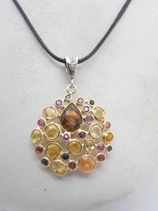 Ciondolo in Oro Giallo e Bianco 18 Kt con Topazi, Rubini, Zaffiri e Diamanti - Picture 1 of 7