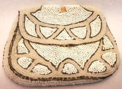 Vintage WHITE Grey SILVER BEADED Coin CHANGE PURSE Satin Lined Unsigned 5 1/2" - Image 1 of 4
