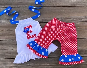 4th Of July Personalized Patriotic Red White Blue Ruffled Capris & Top Outfit - Picture 1 of 1