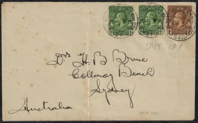 Capa Salt Bay Turks & Caicos 1930 com Turks & Caicos SG 163 x2 e 164 CV L40+ - Imagem 1 de 2