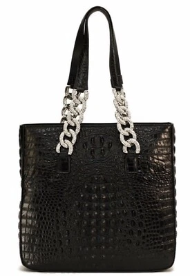 Nuevo Bolso de Mano Raviani Cuero Genuino Diseño Cocodrilo Grande Negro con Correa de Cadena Foto 1 de 4