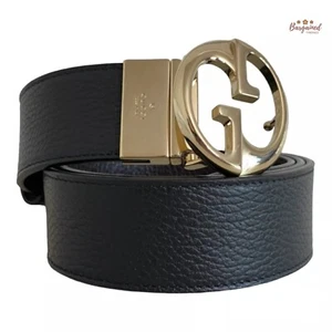 Authentic Gucci Black/Brown Pebbled Calf Leather Reversible Gold 1973 Belt 95/38 - Picture 1 of 13