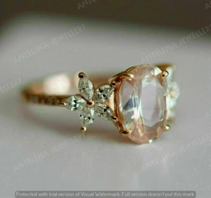 2.40 Ct Simulated Oval Peach Morganite Engagement Ring 925 Silver Gold Plated - Picture 1 of 9