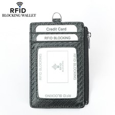 Carbon Fiber Mens RFID Blocking ID Credit Card Holder Coin Zipper Leather Wallet