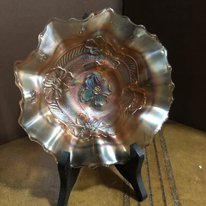 Antique Dugan Carnival Glass Apple Blossoms Bowl Ruffled Rim Marigold 1920s 7” - Picture 1 of 4