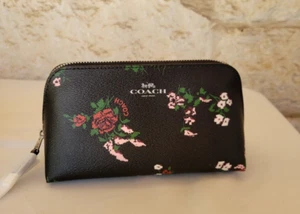 Nuevo estuche de viaje para el hogar maquillaje cosmético Coach en cuero negro estampado floral, ÚNICO - Imagen 1 de 10