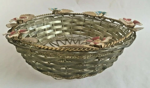 Vintage Metal Mesh Weave Wire Basket Braided Colored Flowers Mid Century 9" dia Cover