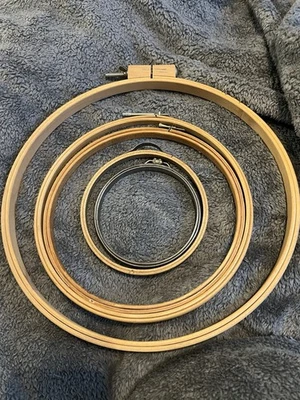 LOT of 4 Wood 1 Metal Embroidery Hoops. Some Vintage In Lot! - Image 1 of 4