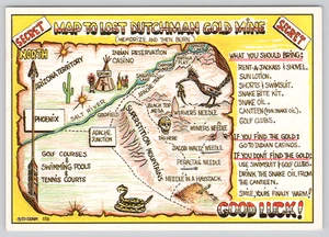 Postcard Map to the Lost Dutchman Gold Mine Geocaching Humor "To Bring" List - Picture 1 of 2