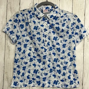 Camicetta vintage Graff Petites floreale manica corta blu bianco cottage 1/2 bottoni - Foto 1 di 8