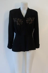 Womens Zelda Black Embroidered Floral Beaded Motif Peplum Jacket Blazer 6 - Picture 1 of 8
