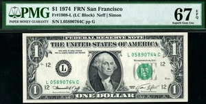1974 $1 San Francisco Federal Reserve FRN 1908-L • PMG 67 EPQ • LC Block POP 1/0 - Picture 1 of 2