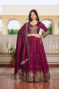 Attractive New Pure Vichitra Lehenga Choli With Wine Dupatta For Festival Wear - Picture 1 of 12