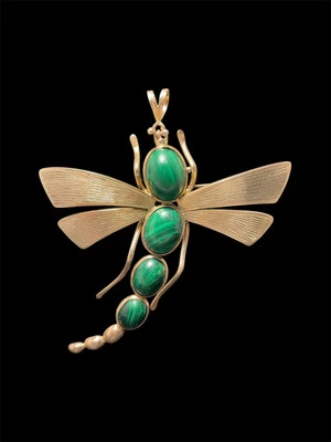 Ciondolo spilla libellula in malachite e argento 925 - Immagine 1 di 4