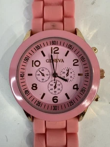 Geneva Pink Dial Round Case Pink Silicone Band Watch New Battery - Picture 1 of 4