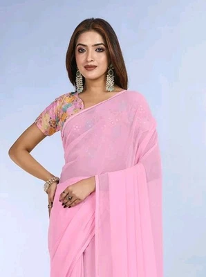 Indian ethnic party wear Bollywood Plain Solid Chiffon Georgette Sari Silk saree - Image 1 of 4