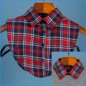 Red Plaid Pointed Flat False Fake Collar Faux Cotton Lace Blouse Button Shirt - Picture 1 of 4