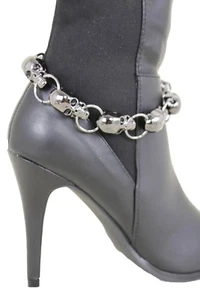 Women Fashion Gunmetal Metal Chain Boot Bracelet Shoe Skeleton Skull Strap Charm - Picture 1 of 12