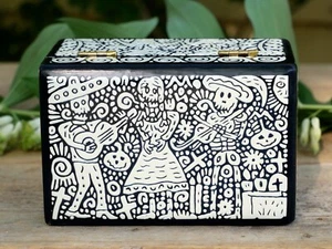 Lacquer Box Day of the Dead Skeleton Party Wood Handmade Olinalá Mexico Folk Art - Picture 1 of 13