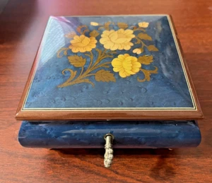 Vtg. Swiss Reuge Music Box Wood Inlay Flowers, Blue pLAYS Memory - Picture 1 of 6