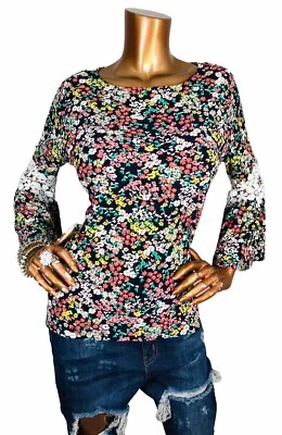 Tommy Hilfiger M Top Stretch Floral TH Logo Blouse Easywear Embroidery Bell Slvs - Image 1 of 4