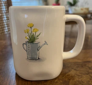 Rae Dunn Artisan Collection Blue Watering Can Yellow Flowers 20oz Coffee Mug - Picture 1 of 7