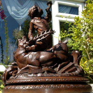 XL Antique 19thC Black Forest Hunting Lodge Centerpiece~Hunter~Stag~Hound 22.5" - Picture 1 of 24