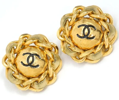 Auténticos pendientes de clip de cuero dorado con logotipos CC de Chanel tono dorado 26 #786-27 Foto 1 de 4