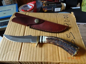 STEEL STAG 9" FIXED BLADE KNIFE DEER ANTLER HANDLE 440S.S. BLADE LEATHER SHEATH - Picture 1 of 12