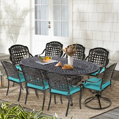 Juego de muebles de comedor de patio de aluminio fundido de 9 piezas con mesa de comedor ovalada y 8 sillas Foto 1 de 4