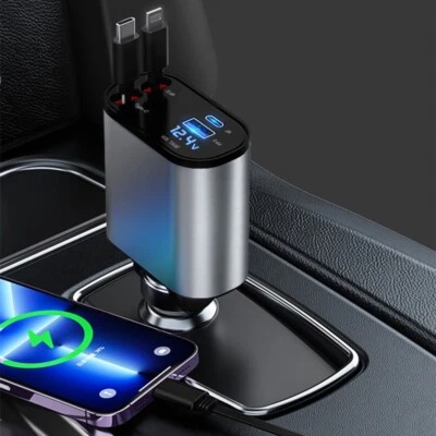 Retractable Car Charger, 4 in 1 Fast Car Phone Charger 66W, 2 Retractable Cables - Image 1 of 4