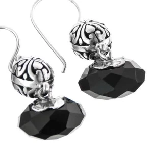 925 Sterling Silver Sale! Bali Cast Handmade Onyx Sterling Earrings, 1" - Picture 1 of 3