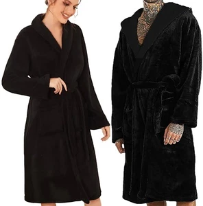 Bata de baño unisex con bolsillos de vellón negro suave cuello chal talla grande - Imagen 1 de 10