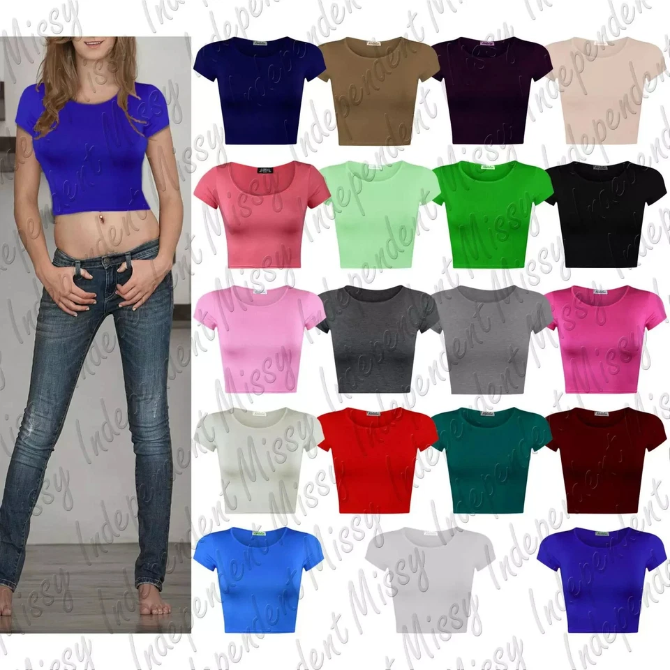 Womens Cap Sleeve Crop Top Round Neck Stretchy Summer Vest T Shirt Size 8-14 - Image 1 of 1