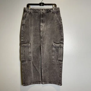 LOVE, FIRE Women’s Size 15 Denim Maxi Skirt Front Slit Cargo Black Acid Wash - Picture 1 of 14