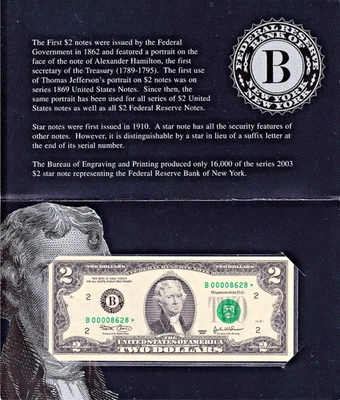 2003 $2 FRN New York *STAR* with BEP Envelope, Low 16k Mintage #B00008628* - Image 1 of 2