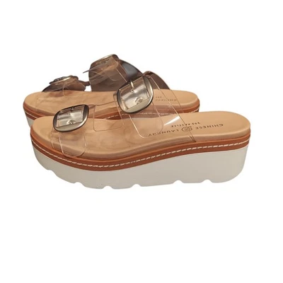 Sandalias de plataforma chinas de lavandería surf para mujer talla 6 bronceadas correas transparentes nuevas - Imagen 1 de 4