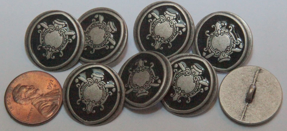 8 Silver Tone Metal Almost Black Enamel Buttons 13/16" 20mm # 5065 - Image 1 of 1