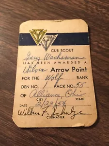 Tarjeta de punta de flecha plateada 1954 Cub Scout rango lobo Cubmaster Ohio - Imagen 1 de 1
