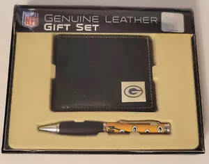 NFL Green Bay Packers Gift Set Black Genuine Leather Wallet & Pen with Logo NEW - Picture 1 of 7