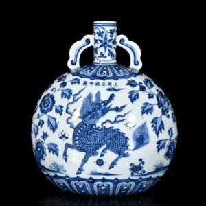 Vaso piatto kylin porcellana blu e bianca a mano cinese fine da collezione - Foto 1 di 9
