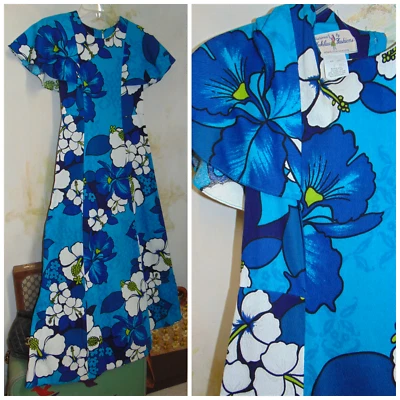 Vestido havaiano vintage Hukilau Fashions anos 60 maxi hibisco floral pano de casca azul - Imagem 1 de 4