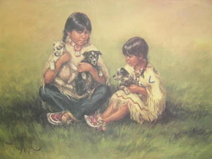 Vel Miller Plenty Trouble Native American Childern Kids Puppy Art Print - Picture 1 of 1